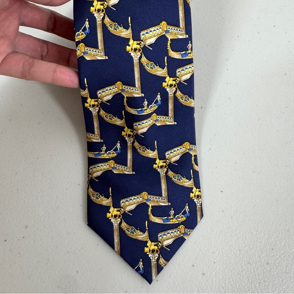 Trevisan Venezia Silk Elegant Navy and Gold Mens Tie Gondola Print Made in Italy - Picture 7 of 16